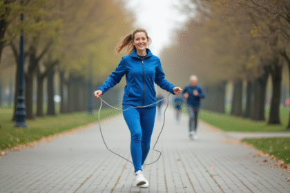 Femme en tenue de sport sautant à la corde dans un parc urbain
