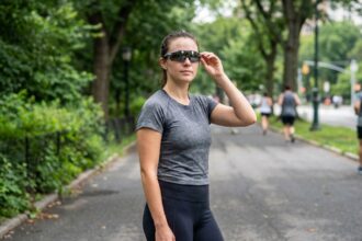 Femme sportive en pleine course en extérieur