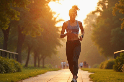 Femme sportive vérifiant son tracker fitness dans un parc urbain