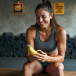 Jeune femme sportive mangeant une banane en salle de sport