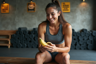 Jeune femme sportive mangeant une banane en salle de sport