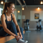 Jeune femme sportive en salle de sport en train de lacer ses chaussures