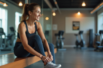 Jeune femme sportive en salle de sport en train de lacer ses chaussures
