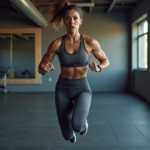 Femme en pleine séance de saut lors d'un entraînement HIIT en salle