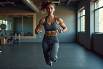 Femme en pleine séance de saut lors d'un entraînement HIIT en salle