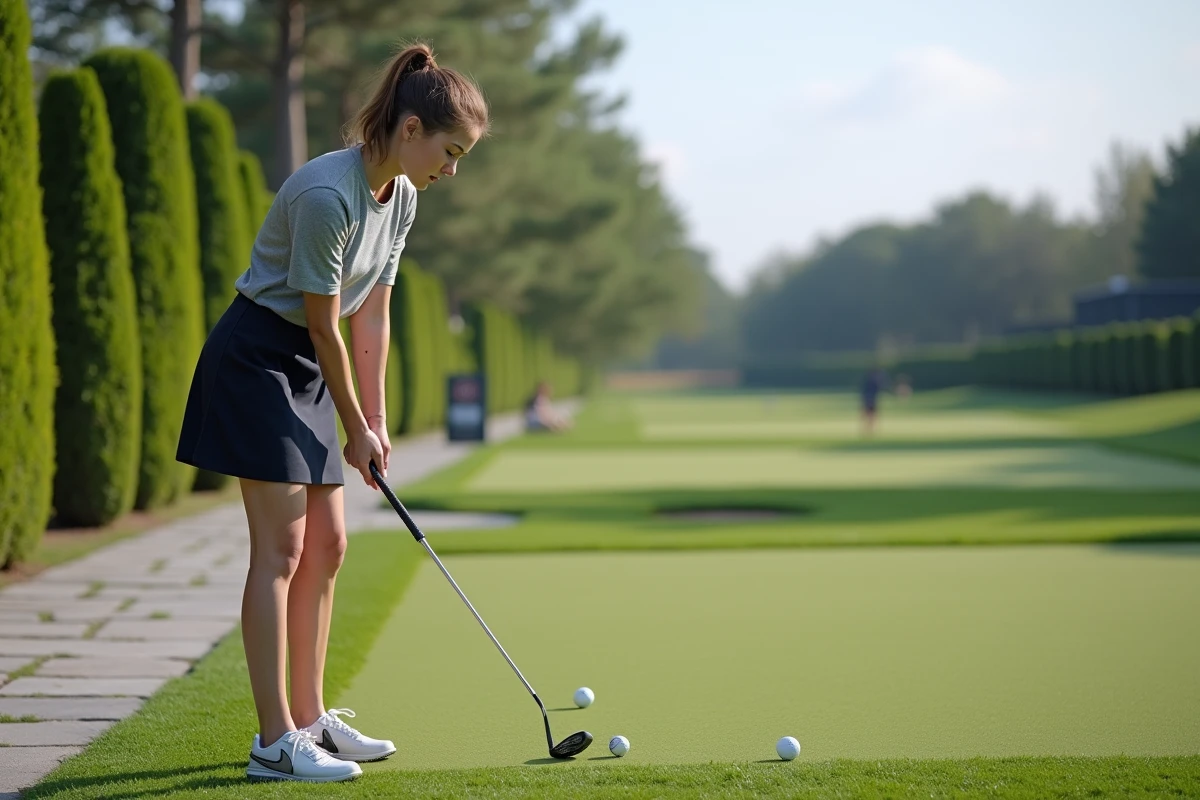 Jeune femme en tenue de golf concentrée lors d’un entraînement