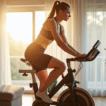 Femme sportive sur vélo d'appartement lumineux