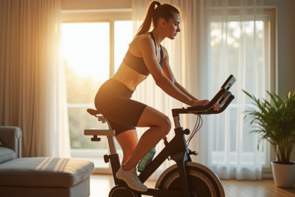 Femme sportive sur vélo d'appartement lumineux