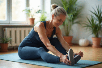 Femme en leggings et top sportif faisant du yoga dans un salon lumineux