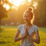 Jeune femme pratiquant yoga dans un parc au lever du soleil