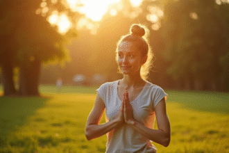 Jeune femme pratiquant yoga dans un parc au lever du soleil