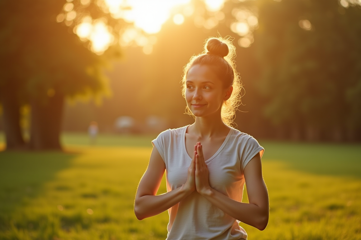 Jeune femme pratiquant yoga dans un parc au lever du soleil