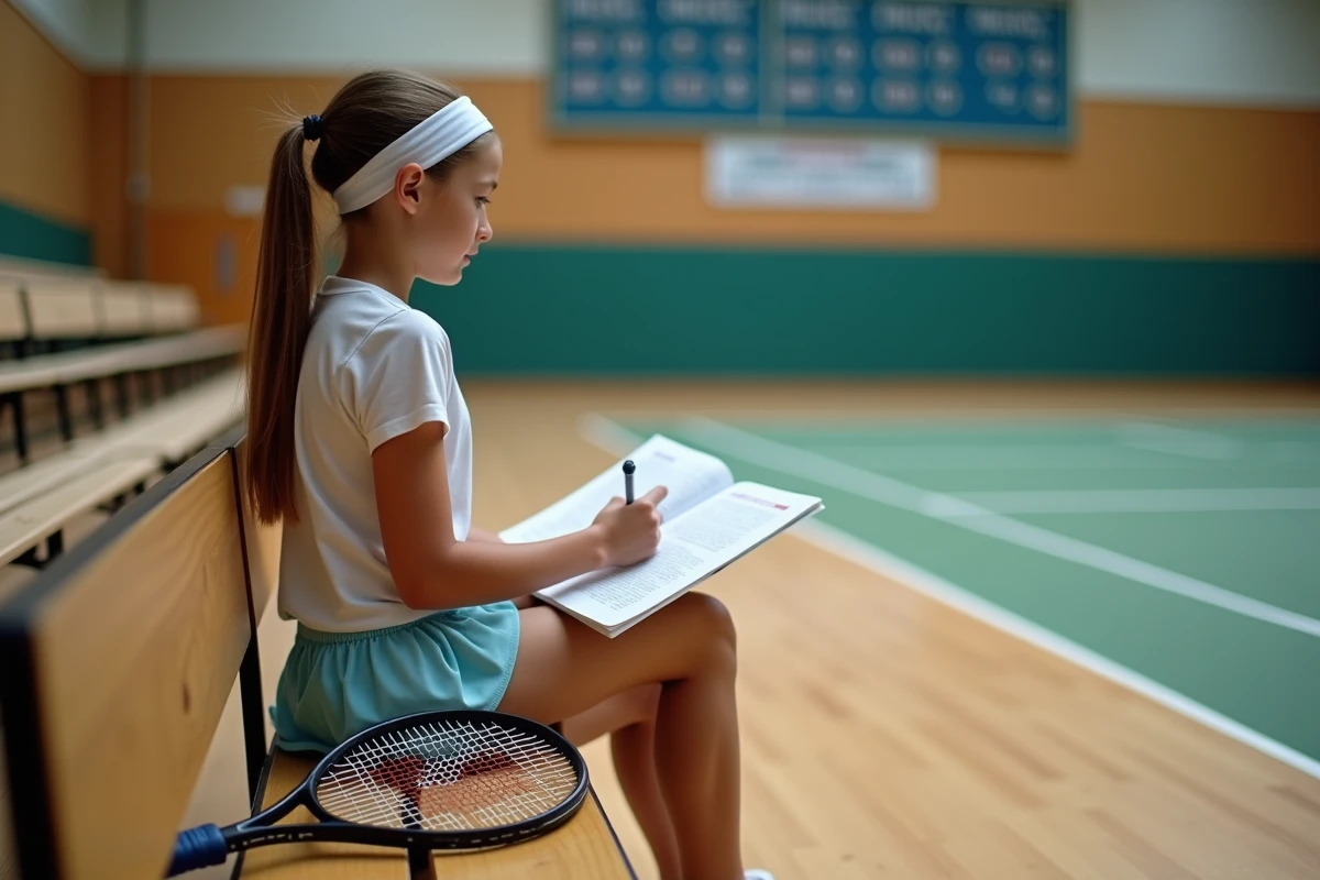 Une adolescente étudie un livre de règles de tennis en intérieur