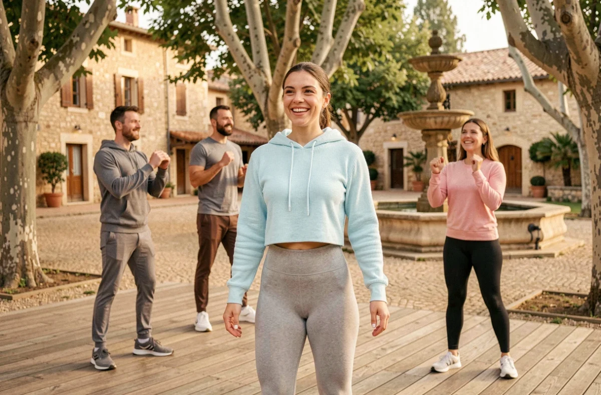 Coach FitMove animant un cours de mouvement en plein air sur une place provençale de Pernes-les-Fontaines