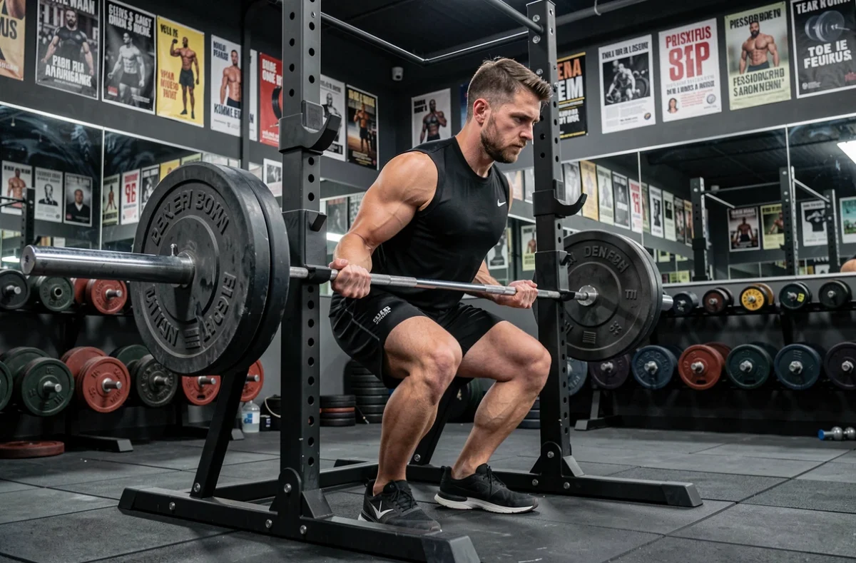 Homme musclé effectuant un squat avec barre chargée dans une salle de musculation orientée performance à Perpignan