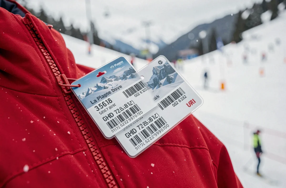 Forfait ski journée ou court séjour accroché à une veste rouge sur les pistes de La Plagne