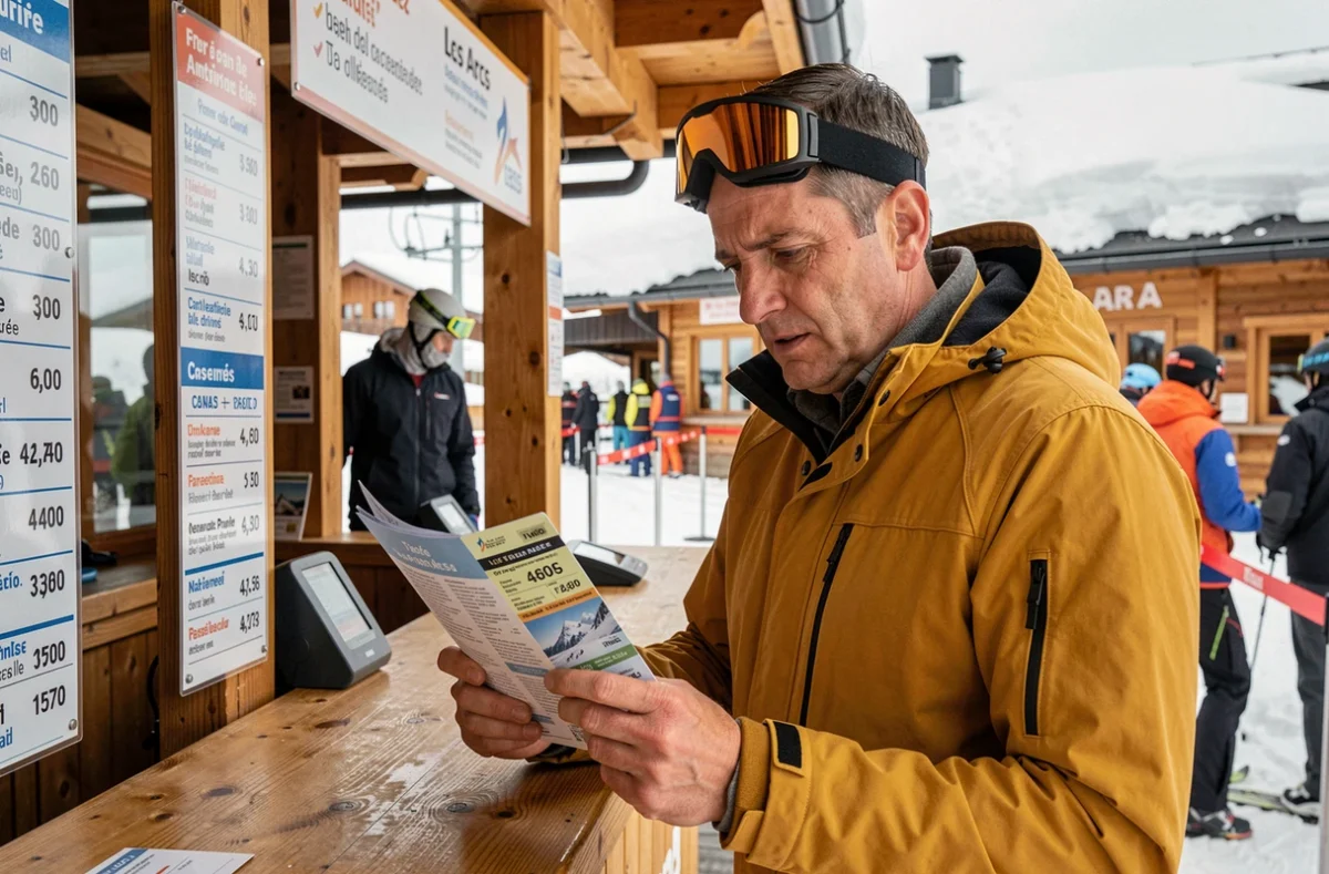 Homme adulte consultant un brochure de forfaits ski au guichet d'une station de ski des Arcs, comparant les options tarifaires pour débutants