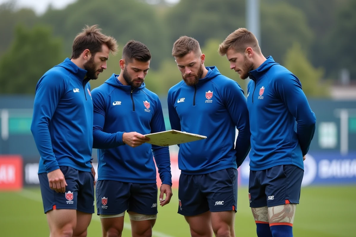 Joueurs de l'équipe de France U20 en réunion tactique avant un match du calendrier Coupe du monde rugby