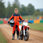 Garçon de 7 ans souriant avec équipement motocross coloré