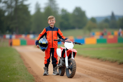 Garçon de 7 ans souriant avec équipement motocross coloré