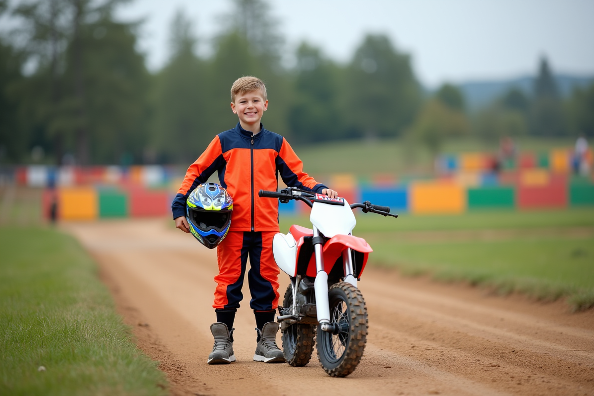 Garçon de 7 ans souriant avec équipement motocross coloré