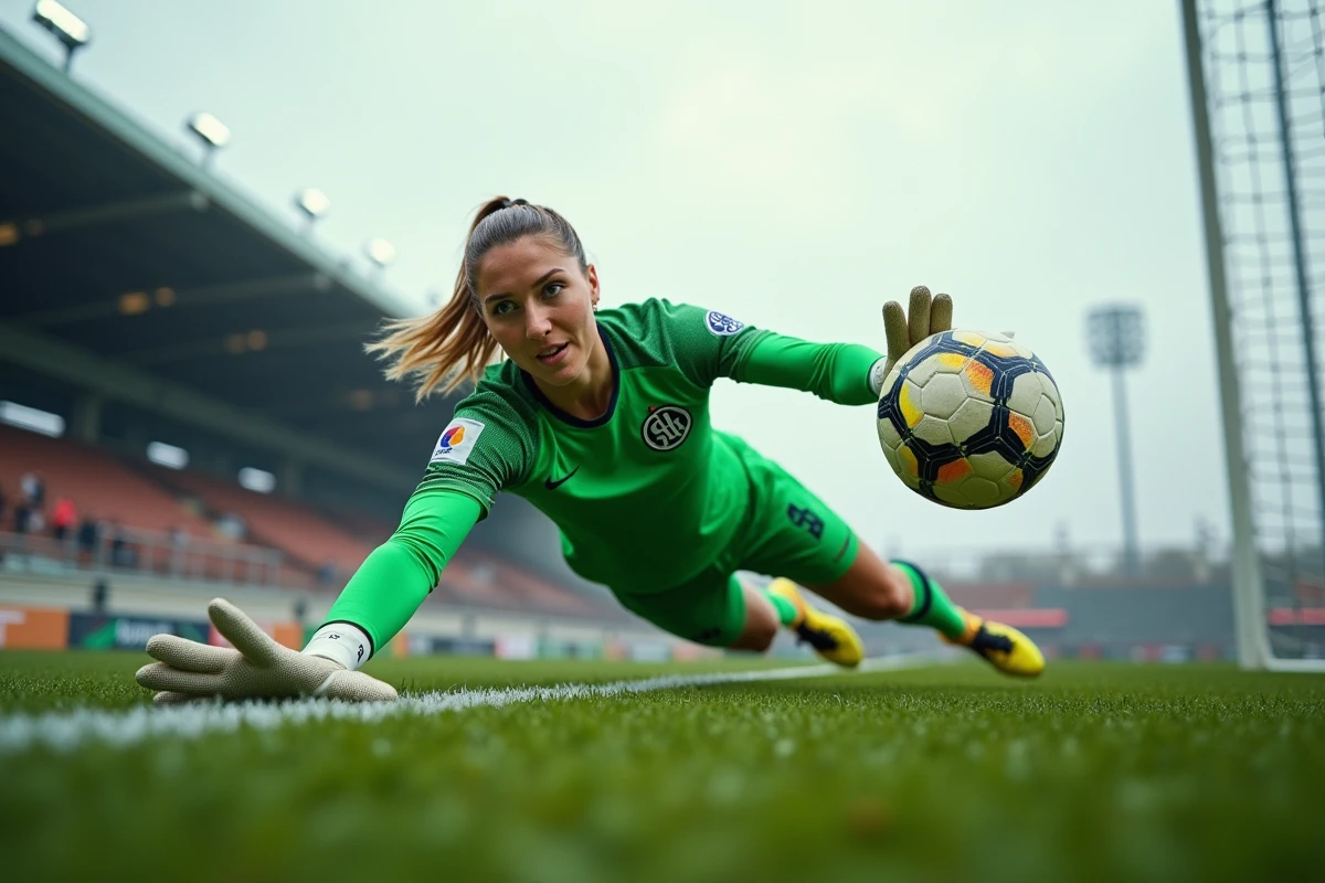 Gardienne de but de l'Olympique Lyonnais féminin réalisant un arrêt spectaculaire lors d'un match de football féminin