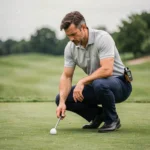 Golfeur concentré en position accroupie analysant sa balle sur le fairway d'un parcours de golf professionnel