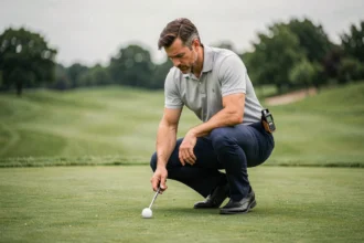 Golfeur concentré en position accroupie analysant sa balle sur le fairway d'un parcours de golf professionnel
