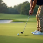 Golfeur homme en polo navy et pantalon kaki en pleine pratique matinale