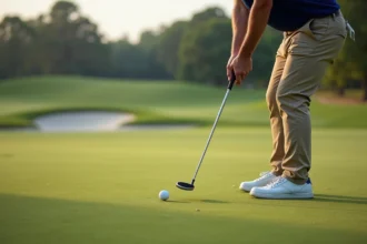 Golfeur homme en polo navy et pantalon kaki en pleine pratique matinale