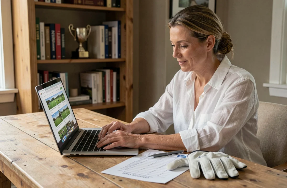 Golfeuse consultant un blog d'apprentissage du golf sur son ordinateur portable dans un bureau à domicile