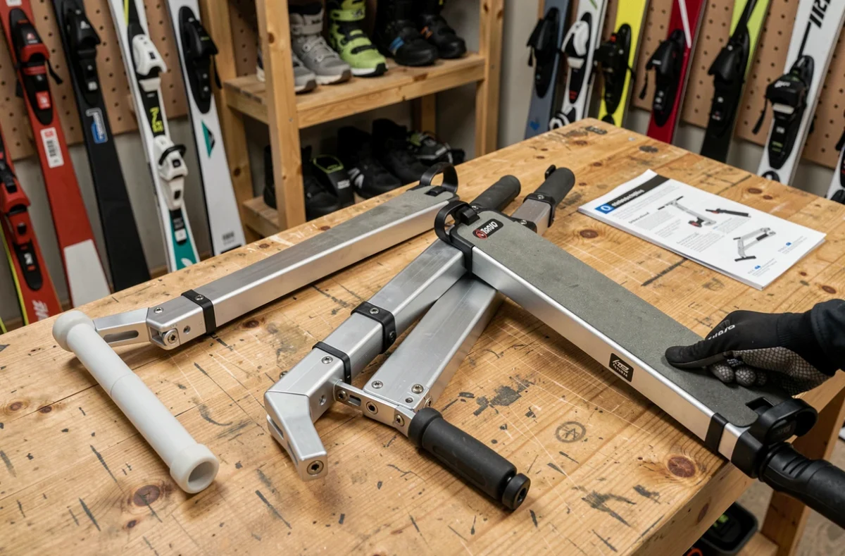 Comparaison en gros plan de patinettes ski bas de gamme et haut de gamme sur un établi d'atelier