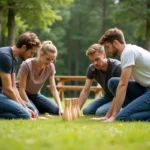 Quatre amis jouent à la pétanque dans un parc ensoleillé
