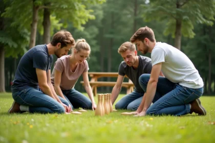 Quatre amis jouent à la pétanque dans un parc ensoleillé