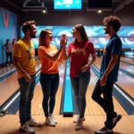 Groupe d'amis qui s'amusent dans un bowling moderne avec des pistes illuminées