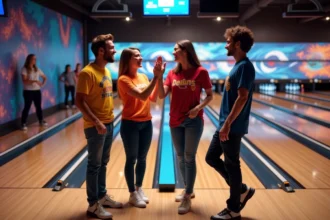 Groupe d'amis qui s'amusent dans un bowling moderne avec des pistes illuminées
