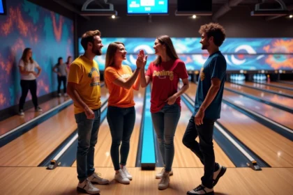 Groupe d'amis qui s'amusent dans un bowling moderne avec des pistes illuminées