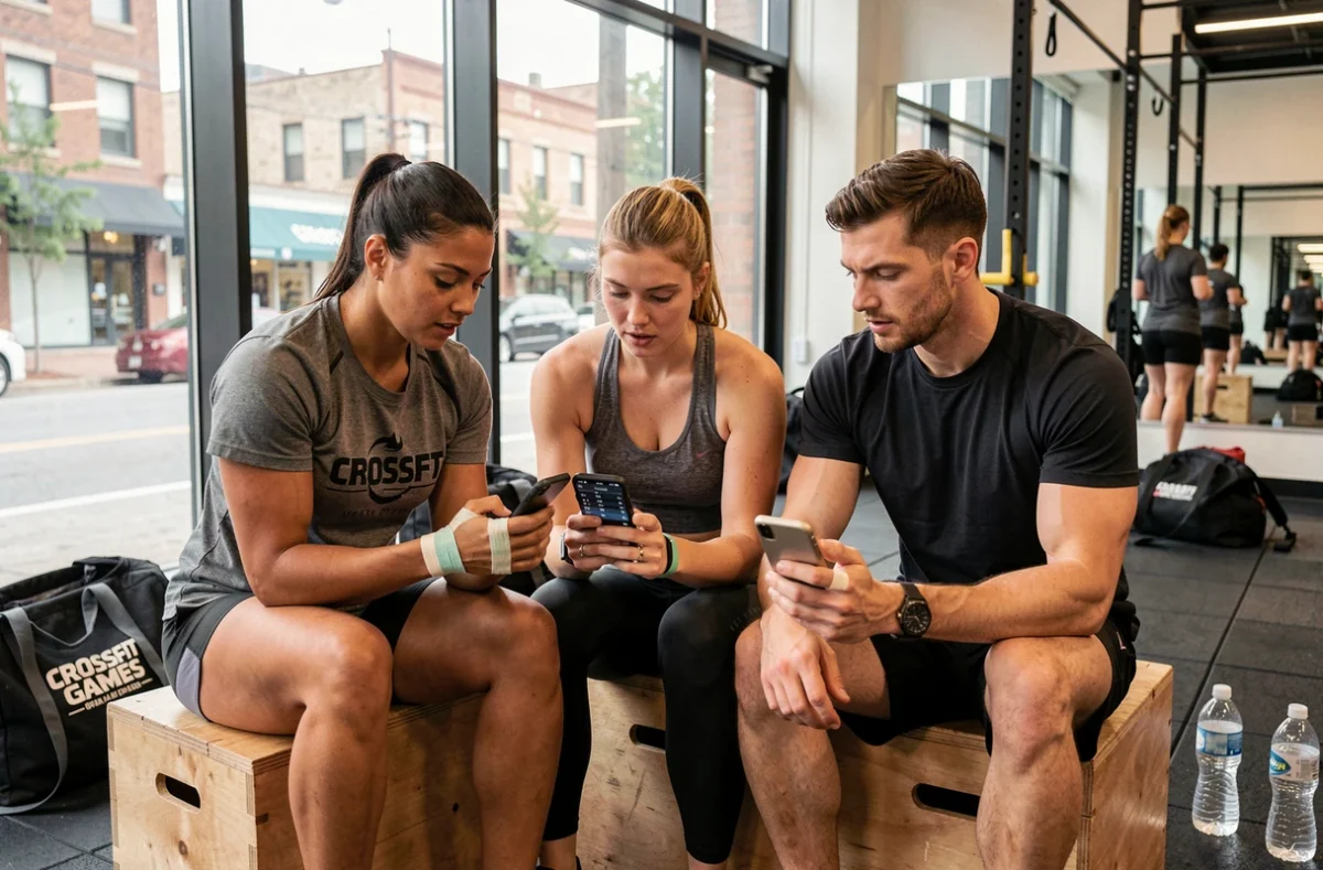 Groupe d'athlètes CrossFit consultant le classement de l'Open 2026 sur smartphone et discutant des options Rx et scaled