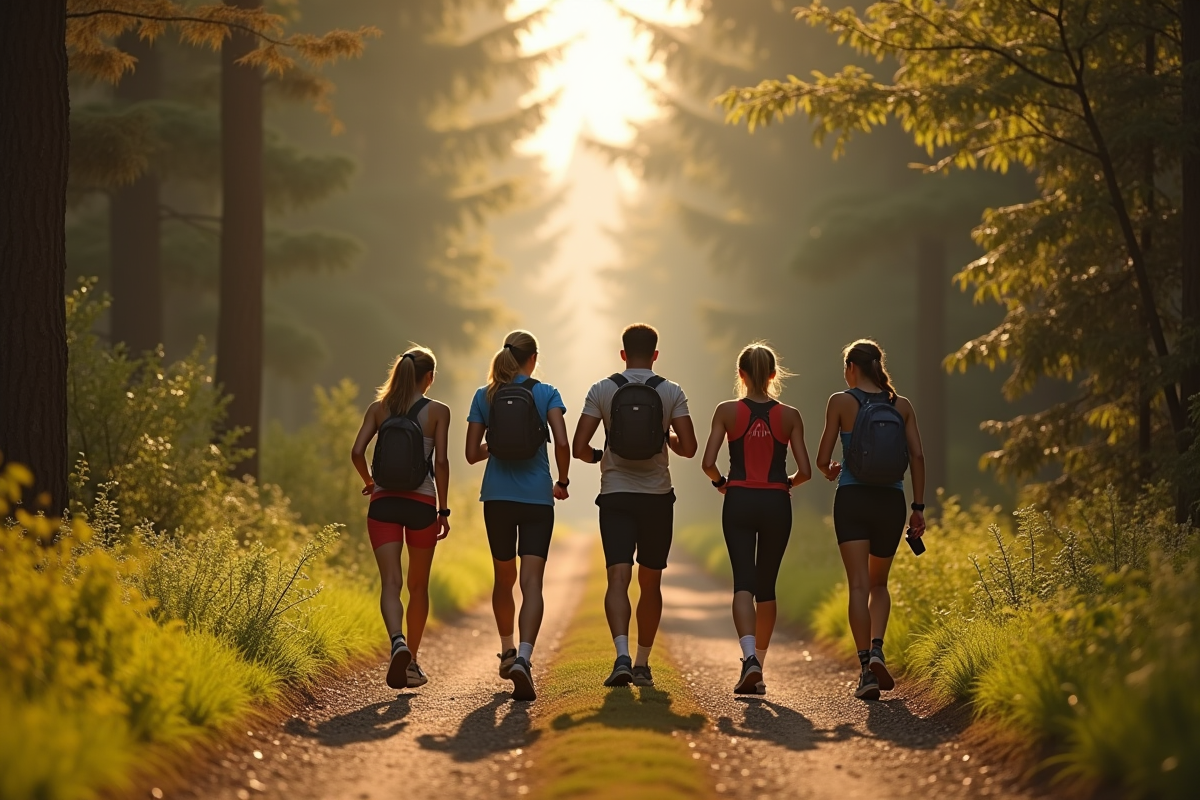 Groupe de sportifs marchant sur un sentier en forêt en journée