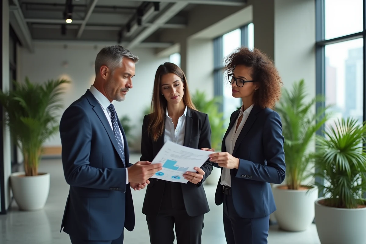 Groupe de professionnels discutant dans un espace coworking