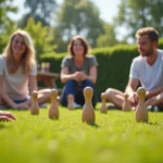 Groupe d'adultes jouant au Molkky dans un jardin