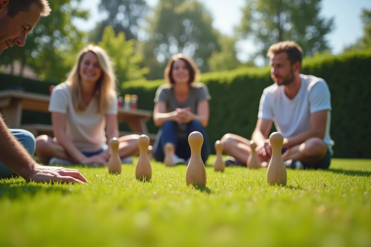 Groupe d'adultes jouant au Molkky dans un jardin