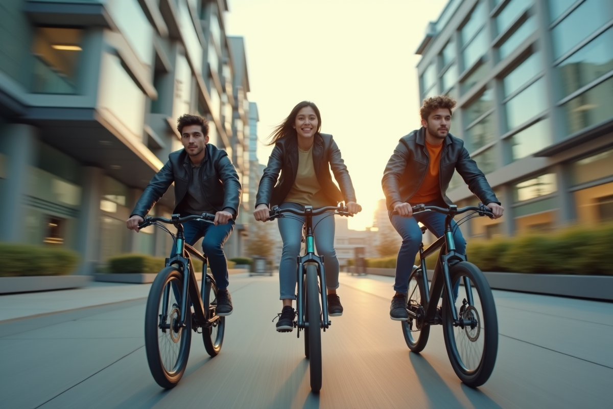 Groupe d amis en défi urbain à vélo électrique
