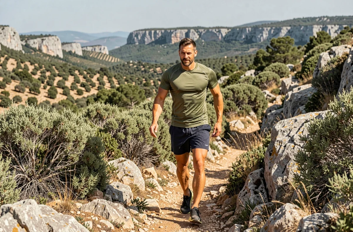 Coach Guillaume animant une séance sport-santé sur un sentier du massif du Luberon parmi la garrigue
