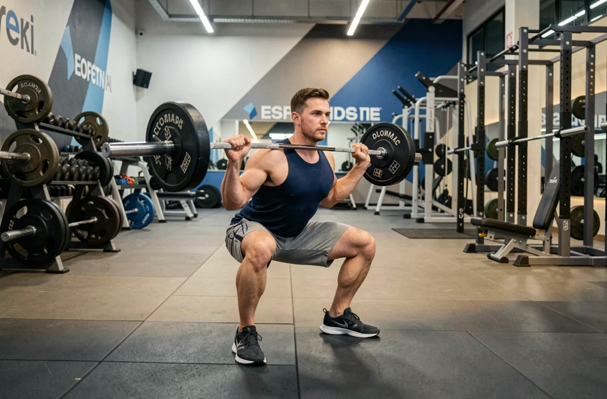 Salle de musculation GYM FIT Strasbourg à l'Esplanade avec équipements complets et membre effectuant un squat barre