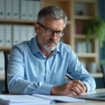Homme d'affaires en chemise bleue examine des documents