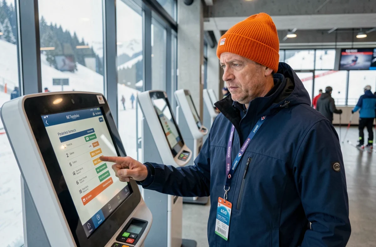 Homme consultant les tarifs des forfaits ski sur une borne automatique dans une station alpine