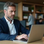 Homme en blazer blanc utilisant un laptop dans un bureau moderne