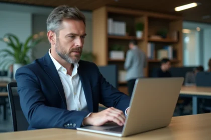 Homme en blazer blanc utilisant un laptop dans un bureau moderne