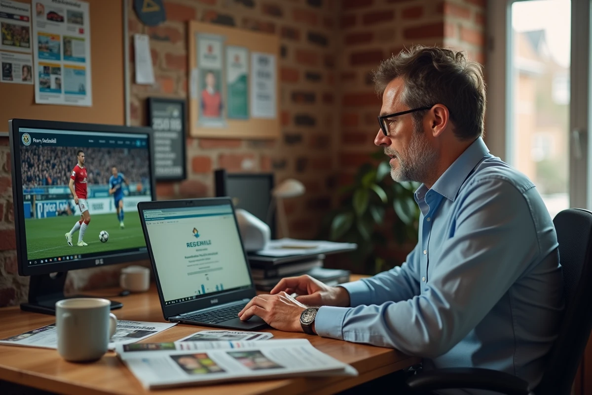 Homme consultant le site officiel d'un club de football sur un ordinateur portable dans un bureau à domicile décoré de coupures de presse sportives
